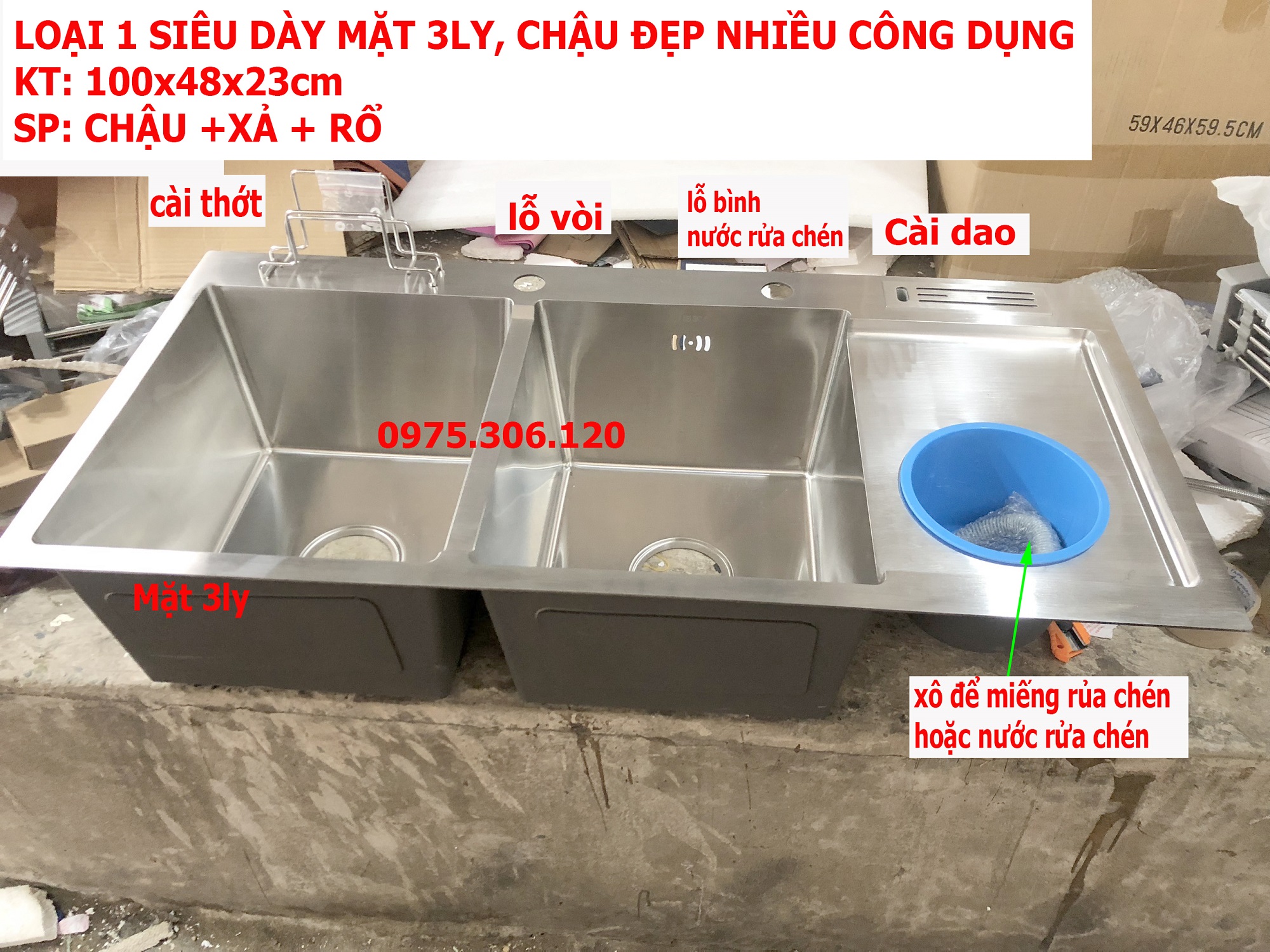 Loại 1-dày 3ly chậu rửa chén bát inox 304 n3 10048 na.grand và xả chậu và rổ đa năng chậu dày nặng hàng chuẩn đảm bồn rửa chén inox