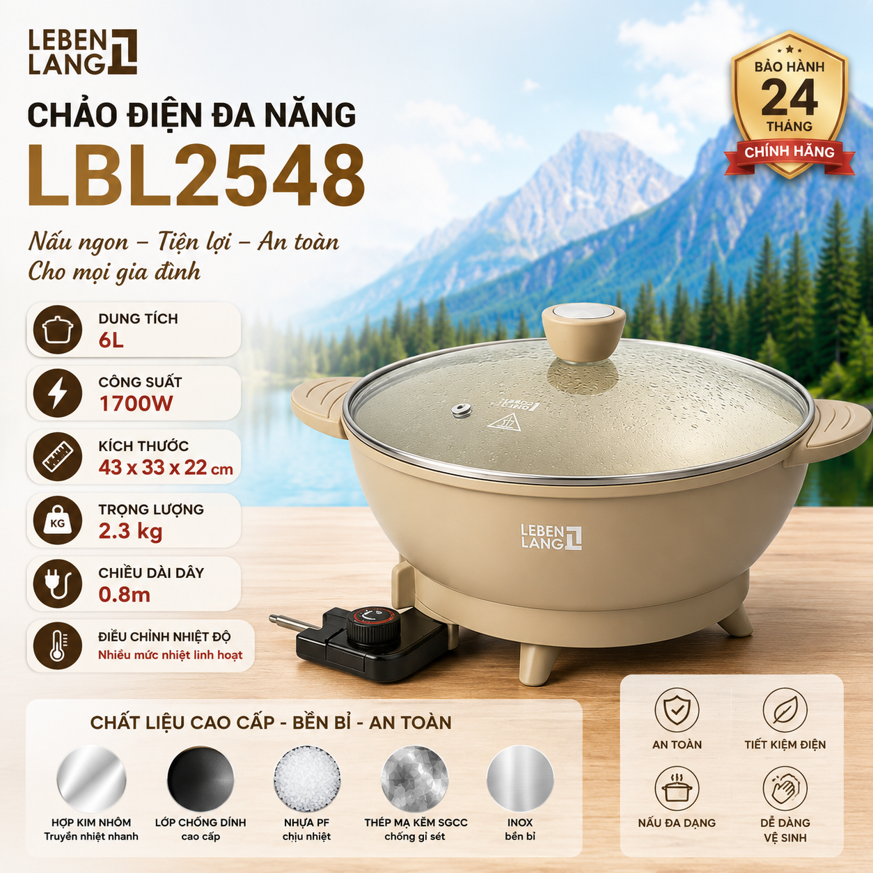 Chảo Điện Đa Năng LBL2548 Lebenlang Đa Năng 6L Điều Chỉnh Nhiệt Độ Tiện Lợi,Chiên Nướng Đa Chức Năng