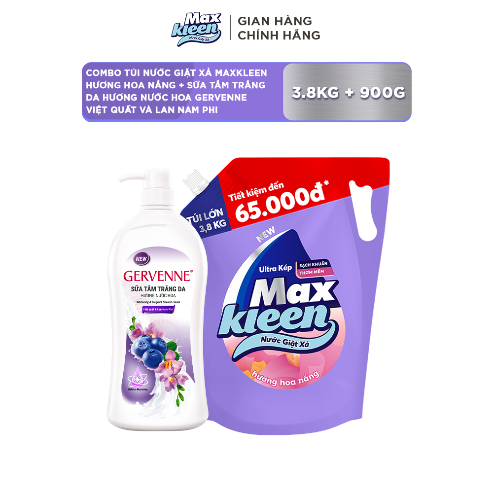 Combo Túi Nước Giặt Xả MaxKleen Hương HOA NẮNG 3.8kg + Sữa tắm trắng da hương nước hoa Gervenne VIỆT QUẤT và LAN NAM PHI 900g