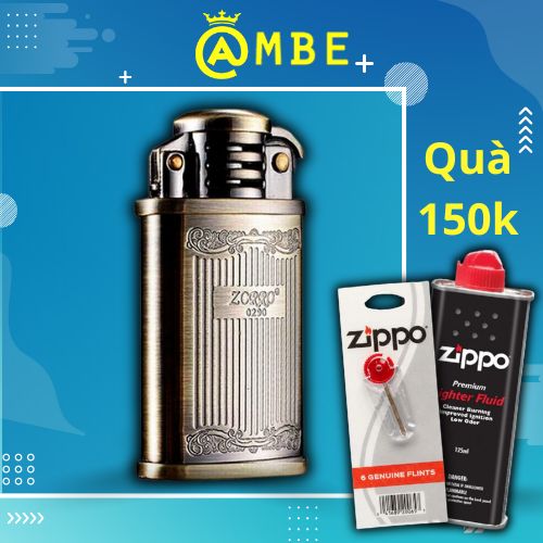 Bật lửa xăng đá Zorro Z5202 đồng xước giả cổ khắc hoa văn siêu bền Ambe