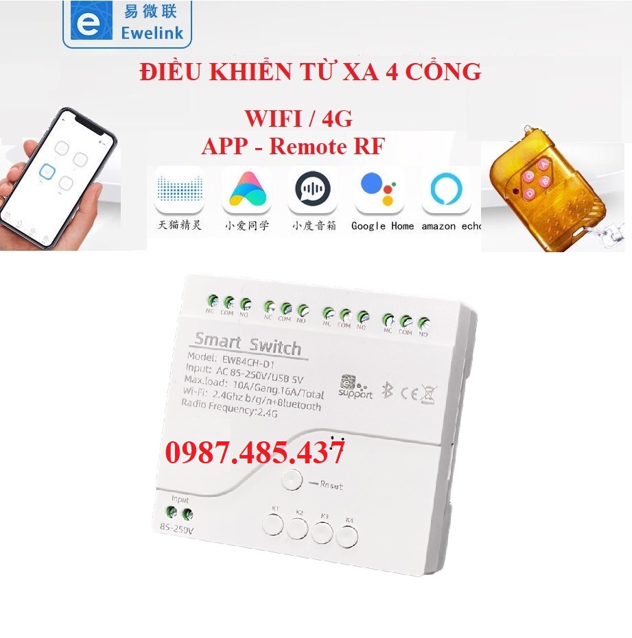 Điều khiển từ xa qua Wifi - 4G - Remote-Công tắc điều khiển qua điện thoại 4 Kênh