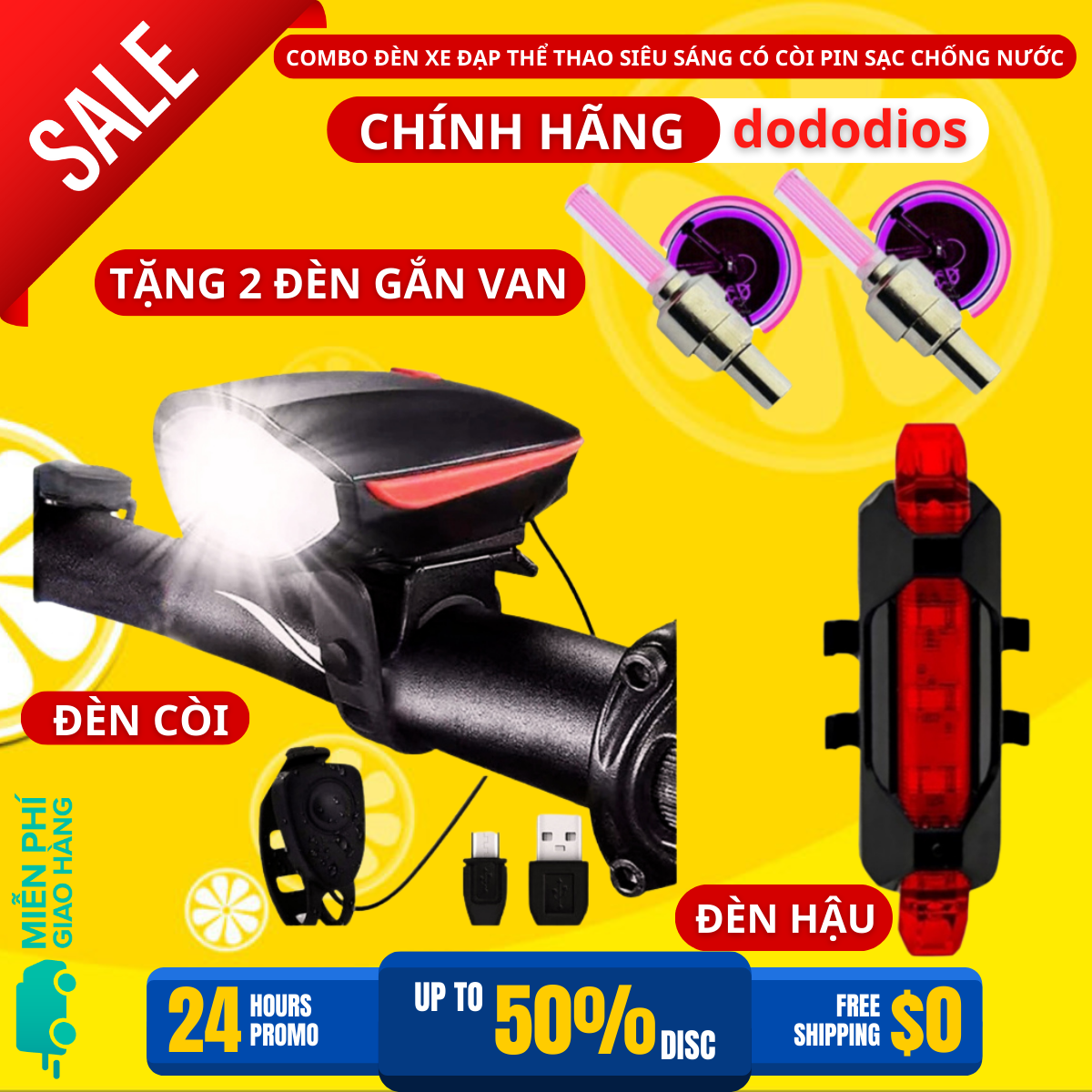 [Combo TIẾT KIỆM] 2 đèn gắn van xe đạp + 1 đèn cảnh báo chiếu hậu mã 02 + 1 đèn xe đạp thể thao kèm Còi to - dododios