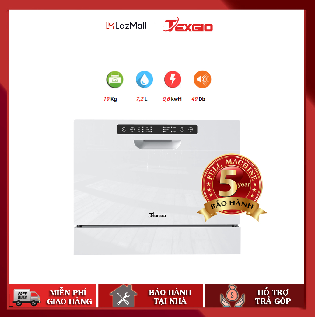 [Trả góp 0%]Máy Rửa Chén Bát 6 Bộ TEXGIO TG-DT2022A - Miễn Phí Vận Chuyển - Điều Khiển Cảm Ứng - Bảo Hành 05 Năm - Tặng Bộ Chất Rửa