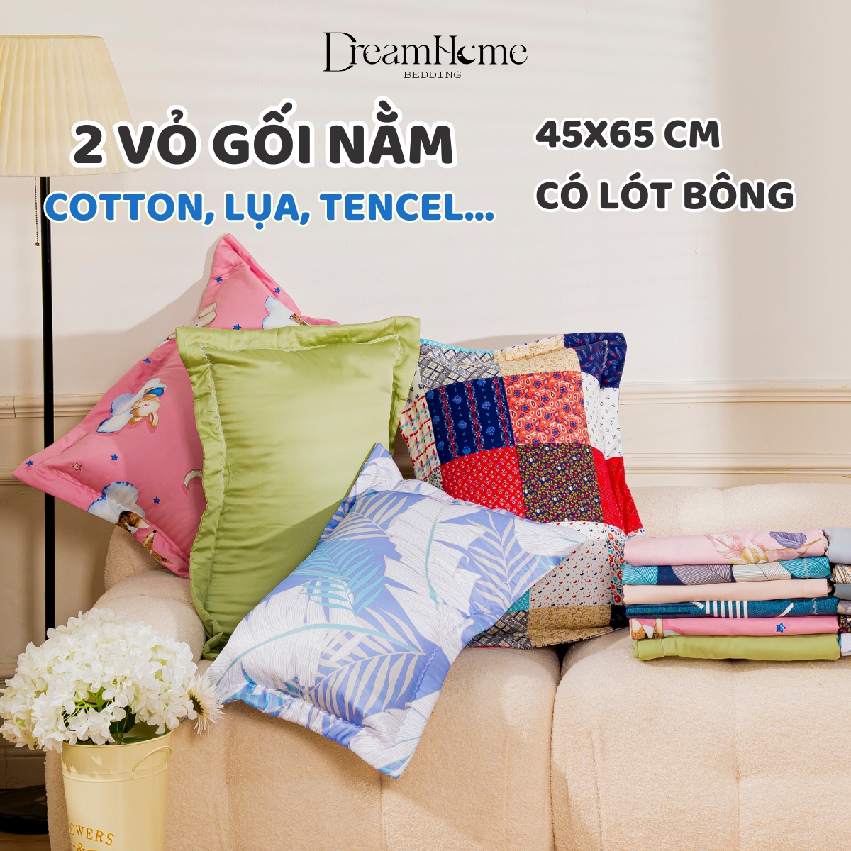Vỏ gối nằm Cotton 100% 45x65 (1 đôi) có khóa kéo cao cấp, bao gối nằm trần lót bông đẹp mát, không phai xù - DREAMHOME