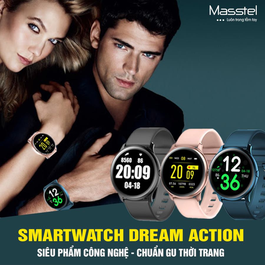 ĐỒNG HỒ THỂ THAO THÔNG MINH SMARTWATCH MASSTEL DREAM ACTION màn hình cảm ứng amoled, thông báo cuộc gọi, tin nhắn, chống nước, giao diện tiếng việt, thiết kế UNISEX thời trang phong cách kết nối Android và IOS