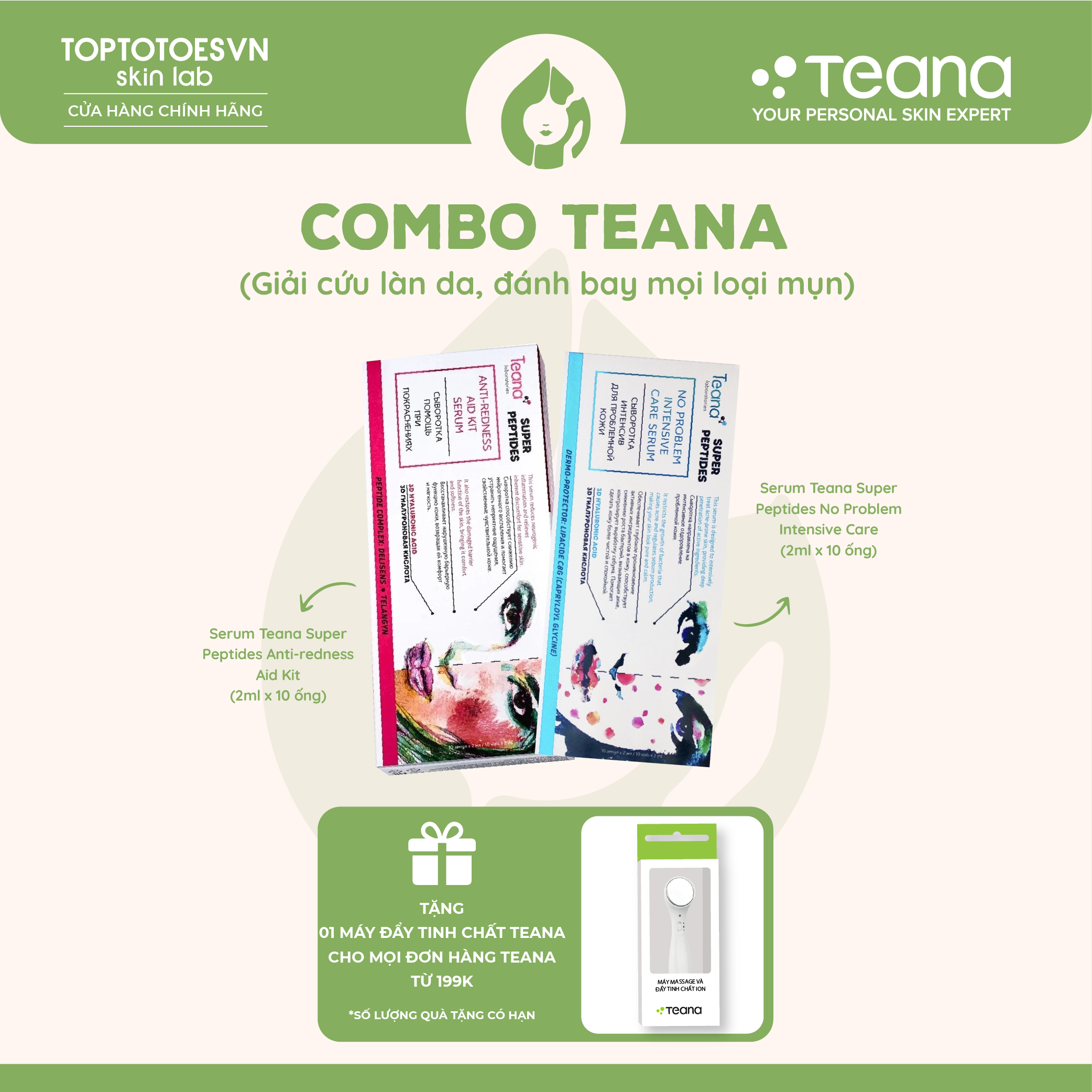 Combo Teana giải cứu làn da, đánh bay mọi loại mụn (Serum Teana Anti-redness + Serum Teana No Problem )