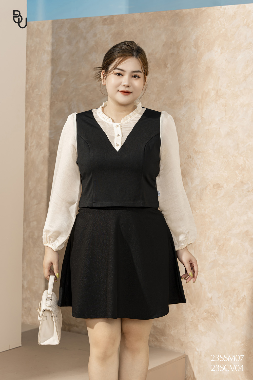 Áo phối tơ be bèo cổ bigsize - 23ssm07 -