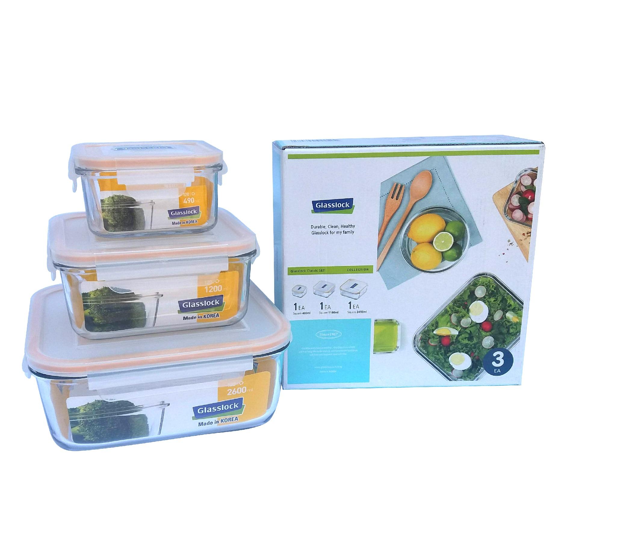 Bộ 03 hộp thủy tinh cường lực Glasslock , hình vuông 480 + 1180 + 2450ml, kín hơi, tiện dụng, có thể xếp gọn  - Made in Korea
