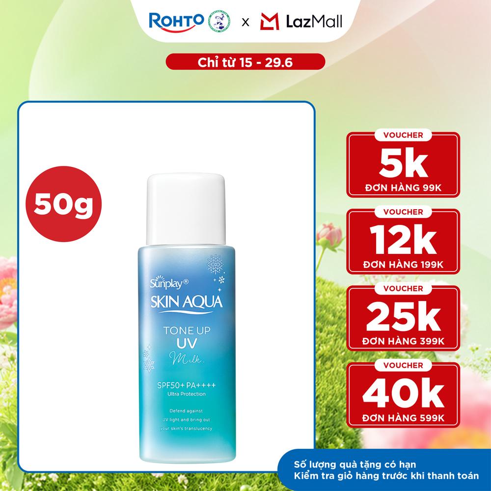 Kem chống nắng nâng tông Skin Aqua Tone up Blue cho da vàng có khuyết điểm đỏ, dạng sữa Sunplay Skin Aqua Tone Up UV Milk Blue SPF 50+ PA++++ 50g