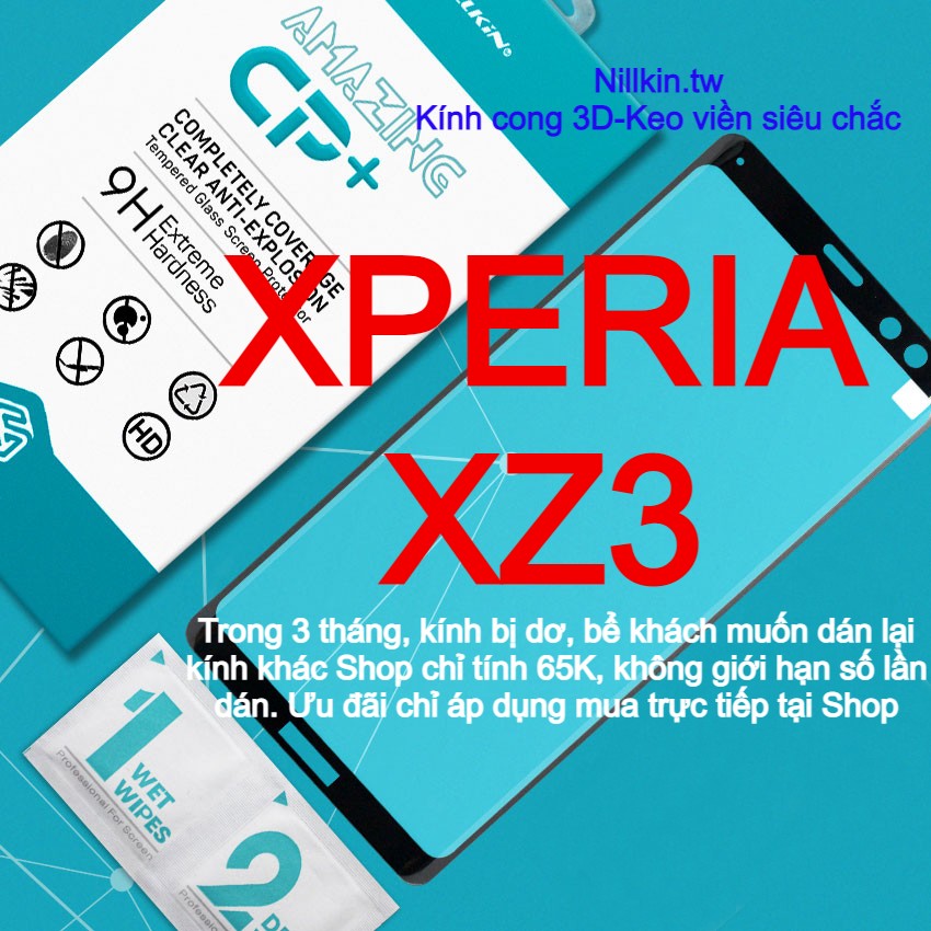 Miếng kính cường lực cho Sony Xperia XZ3 Full màn hình hiệu Nillkin.tw keo viền cong 3D theo màn hình
