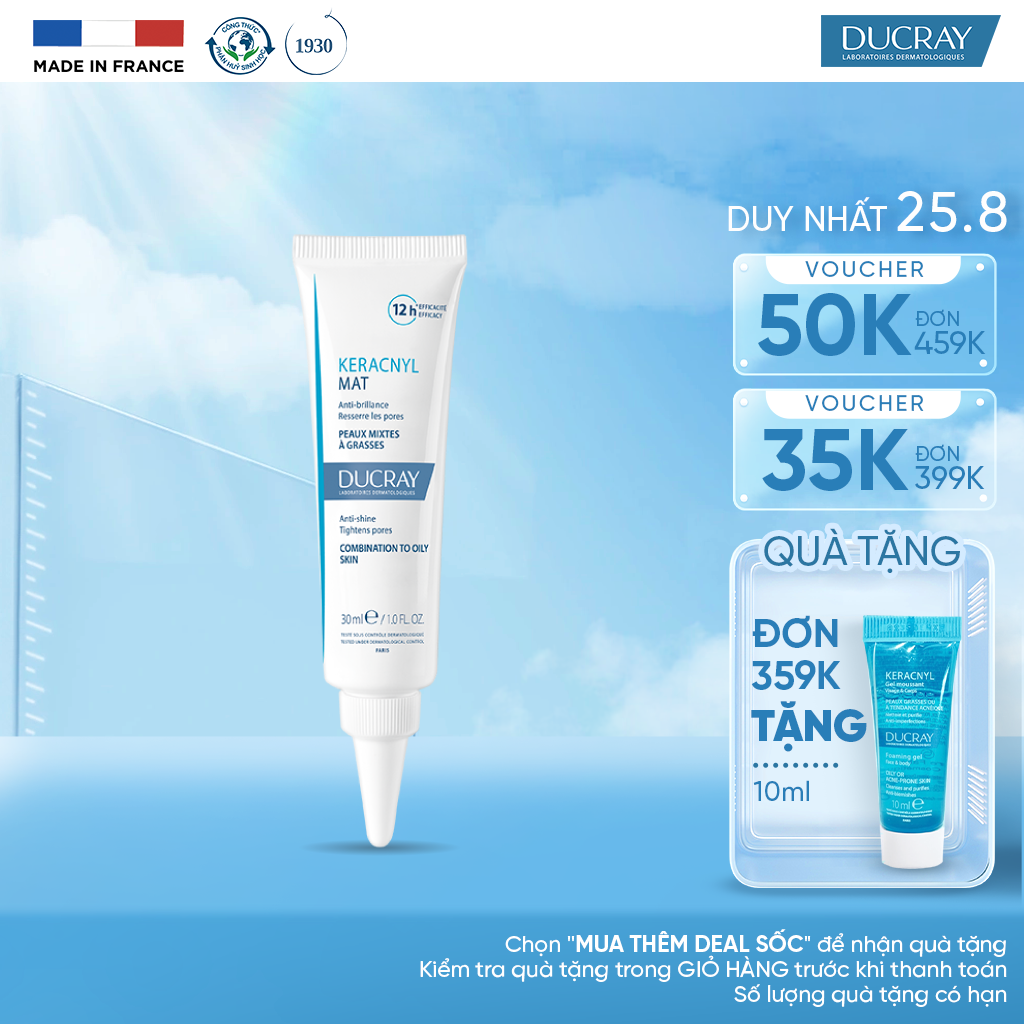 Kem dưỡng da giảm bóng nhờn, se khít lỗ chân lông Ducray Keracnyl Mat 30ml