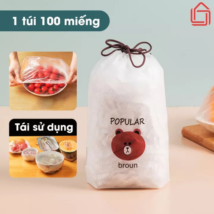 Combo 100 Màng Bọc Thực Phẩm Có Chun Co Dãn Tái Sử Dụng Được Kèm Túi Gấu