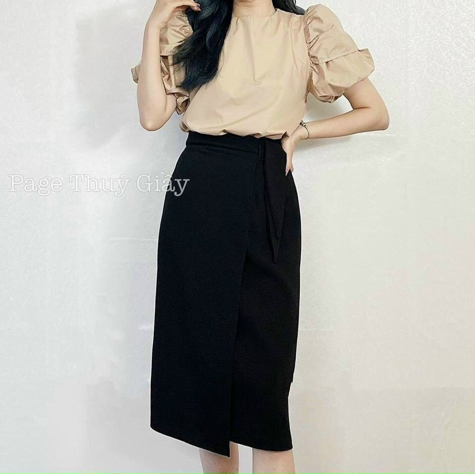 Chân váy nữ dáng bút chì saoshop màu đen thiết kế basic thắt nơ