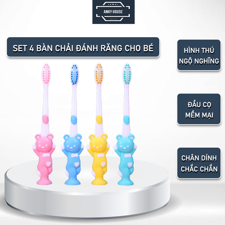 Set 4 Chiếc Bàn Chải Đánh Răng Lông Mềm hàng Xuất Nhật Cho Bé Hình Gấu Đáng Yêu - Bàn Chải Đánh Răng Trẻ Em Tiêu Chuẩn Nhật Bản - Đế Mềm Đứng Được - Bàn Chải Kem Đánh Răng Cho Bé