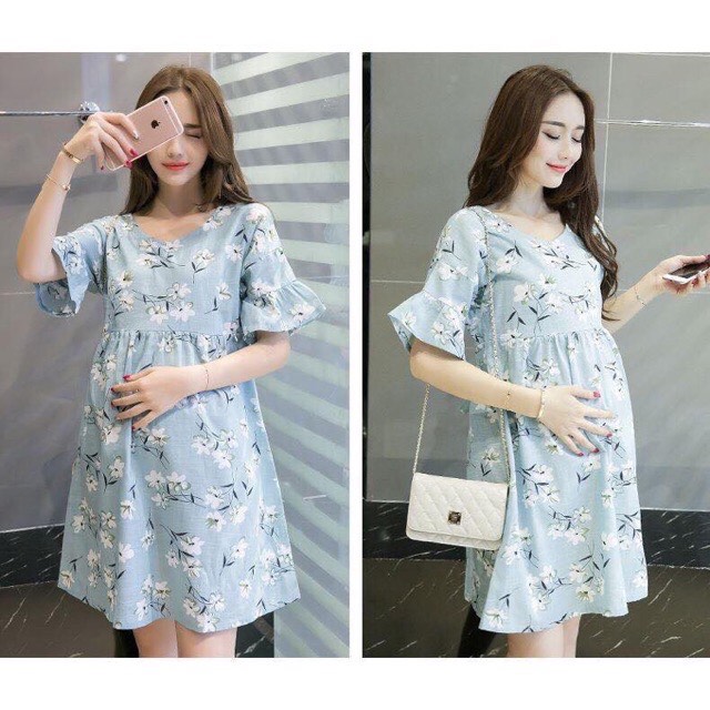 Đầm bầu ( váy bầu ) dáng babydon họa tiết hoa lá siêu xinh