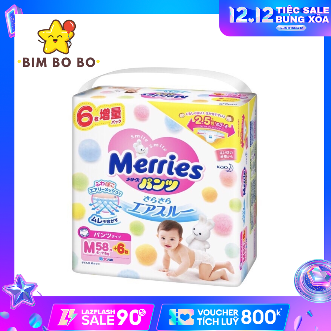 (FREESHIP 50K) Tã Bỉm Merries Cộng Miếng Quần Dán M58+6/L44+6/XL38+6/XXL26 - Merries Nội Địa Nhật