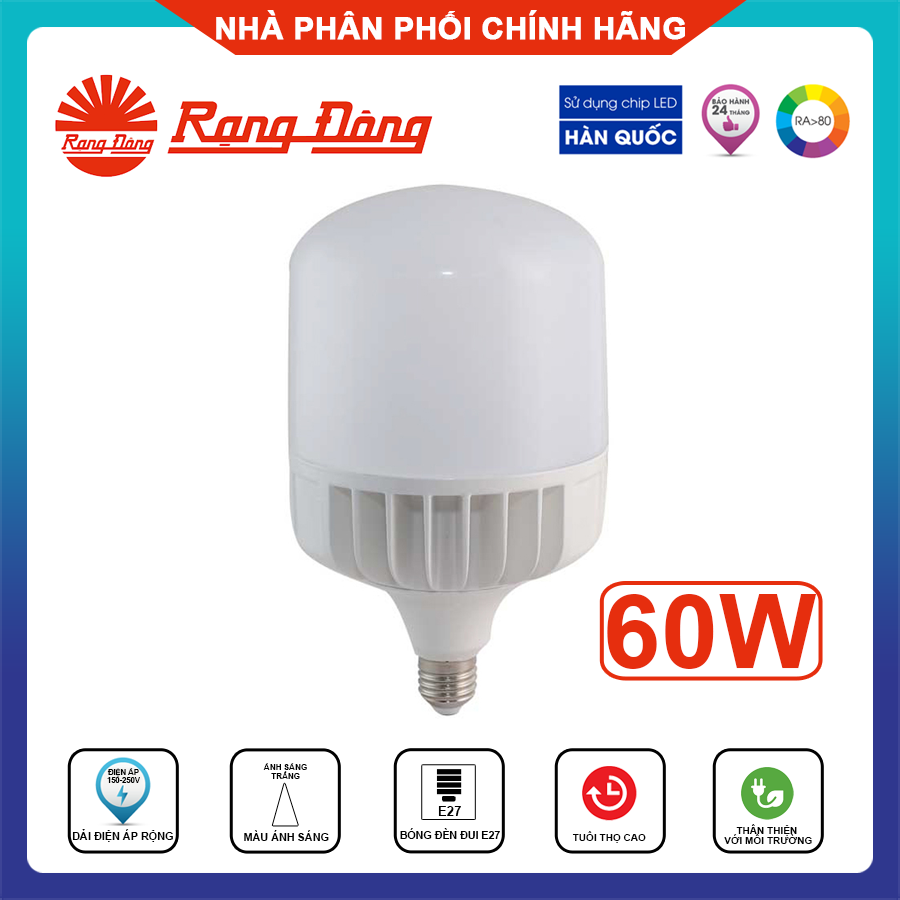 Rạng đông, bh 2 năm, bóng đèn led bulb trụ tr140nđ/60w e27 6500k, hàng việt nam, chất lượng cao