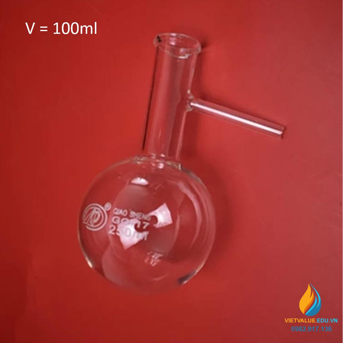 Bình cầu thủy tinh đáy tròn, cổ dài, có nhánh chiết, 100ml