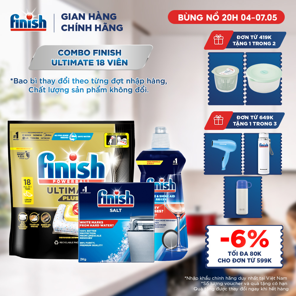 Combo Viên Rửa Chén Bát Finish Powerball Ultimate Plus Intensive Lemon Sparkle 18 Viên + Nước làm bóng Finish 500ml + Muối rửa chén 2kg