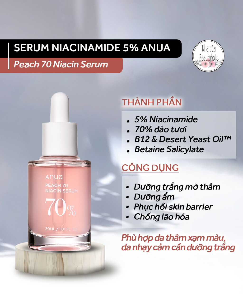 Serum dưỡng trắng niacinamide 5% anua peach 70 niacin serum