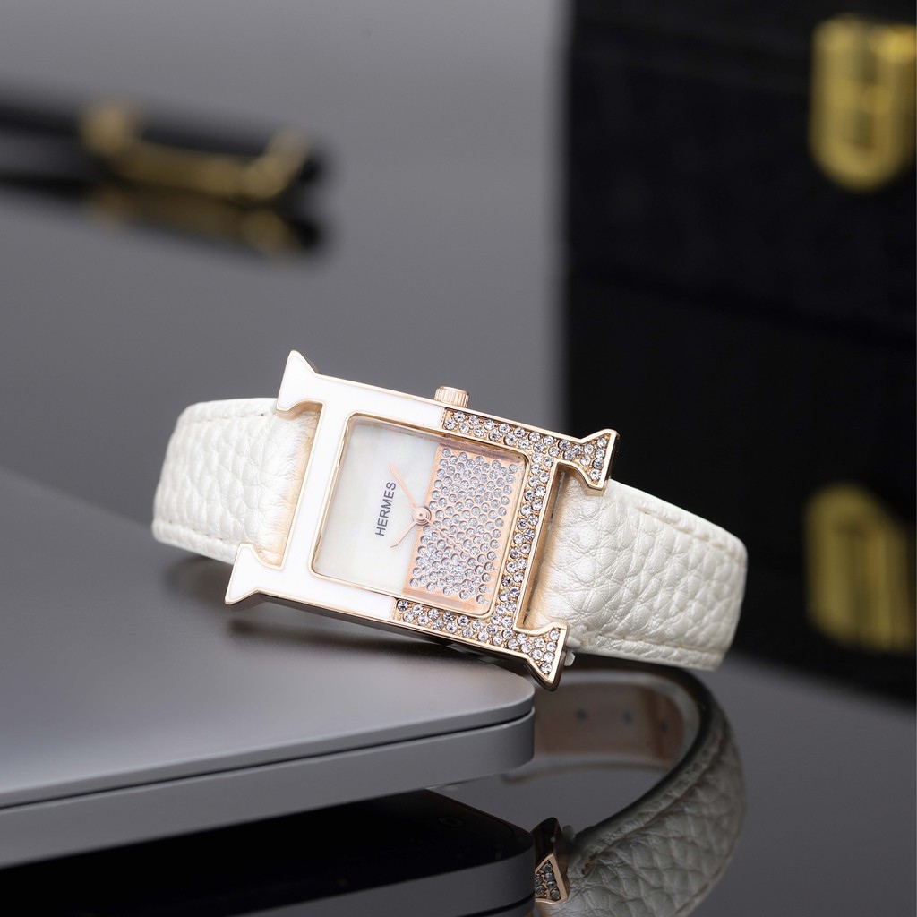Đồng hồ nữ▼ đồng hồ nữ hermes dây da mặt vuông đính đá cao cấp full box dhn02 12th