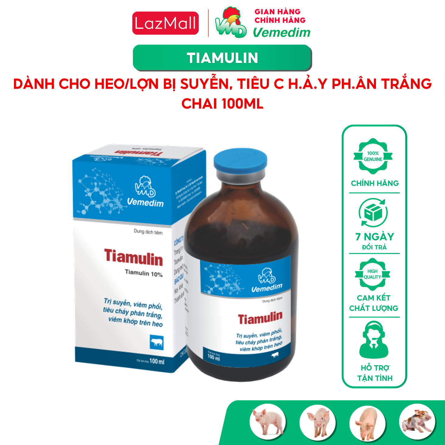 Vemedim Tiamulin, dành cho heo bị suyễn, tiêu ch.ả.y ph.â.n trắng, cúm, chai 100ml