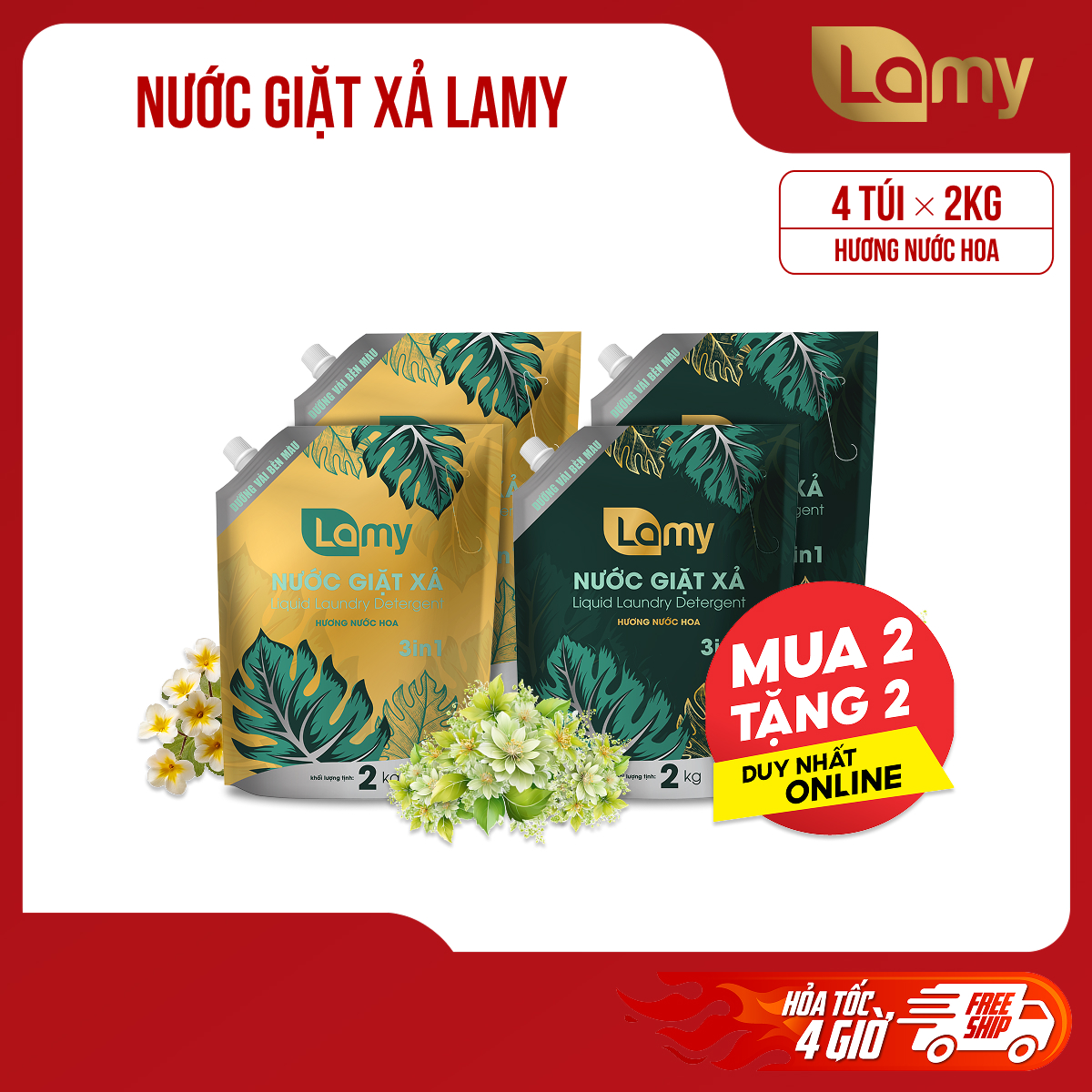 [LAMY OFFICIAL]_MUA 2 TẶNG 2 Nước Giặt Xả Lamy Túi 2KG Hương Nước Hoa Lưu Hương Sạch Nhanh 3IN1 (4 TÚI)