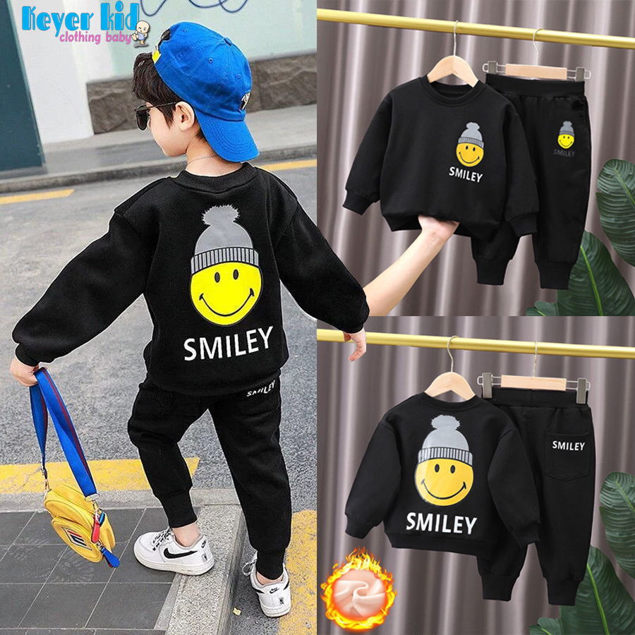 [FREE SHIP + QUÀ TẶNG] Bộ Thu Đông Bé Trai - Bé Gái Chất Thun Nỉ Da Cá QC, Hình Mặt Cười Sịn Sò Cá Tính KEYER KID TD02