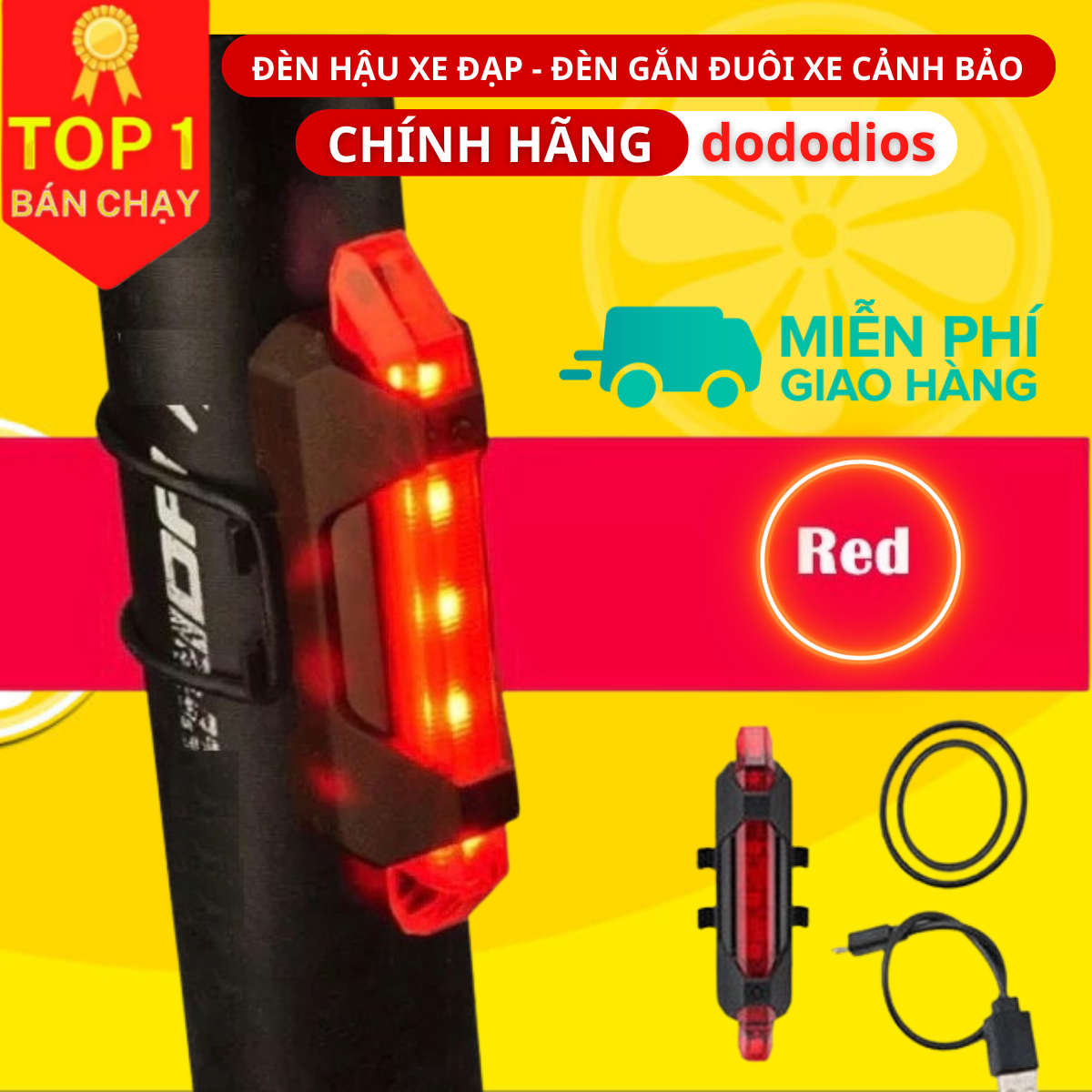 Đèn báo hiệu gắn đuôi xe đạp 5 bóng LED có cổng sạc USB nhiều màu sắc