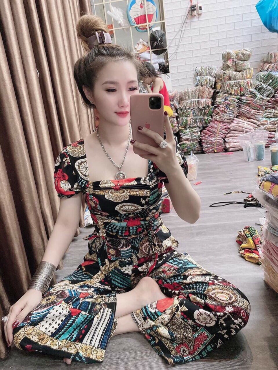 Set thổ cẩm cổ vuông tay búp ,Hmay