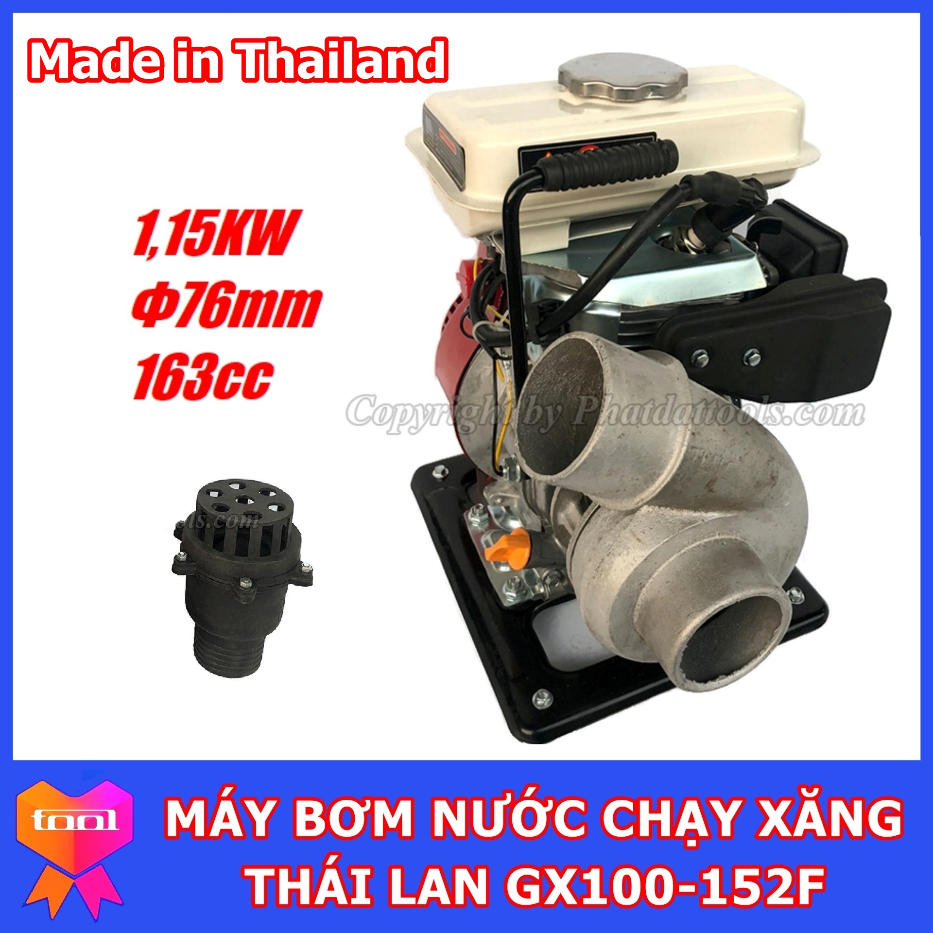 Máy bơm nước chạy xăng thailand gx100-152f - ống phi 76mm - động cơ 4 thì dung tích 163cc - bảo hành 12 tháng