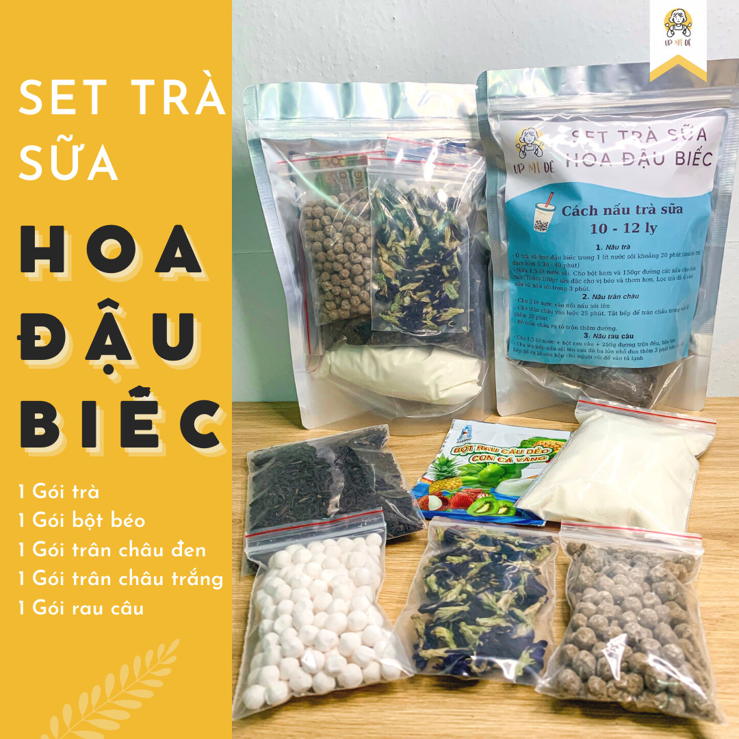 Set nguyên liệu pha trà sữa hoa đậu biếc nấu 10 - 12 ly topping 350g