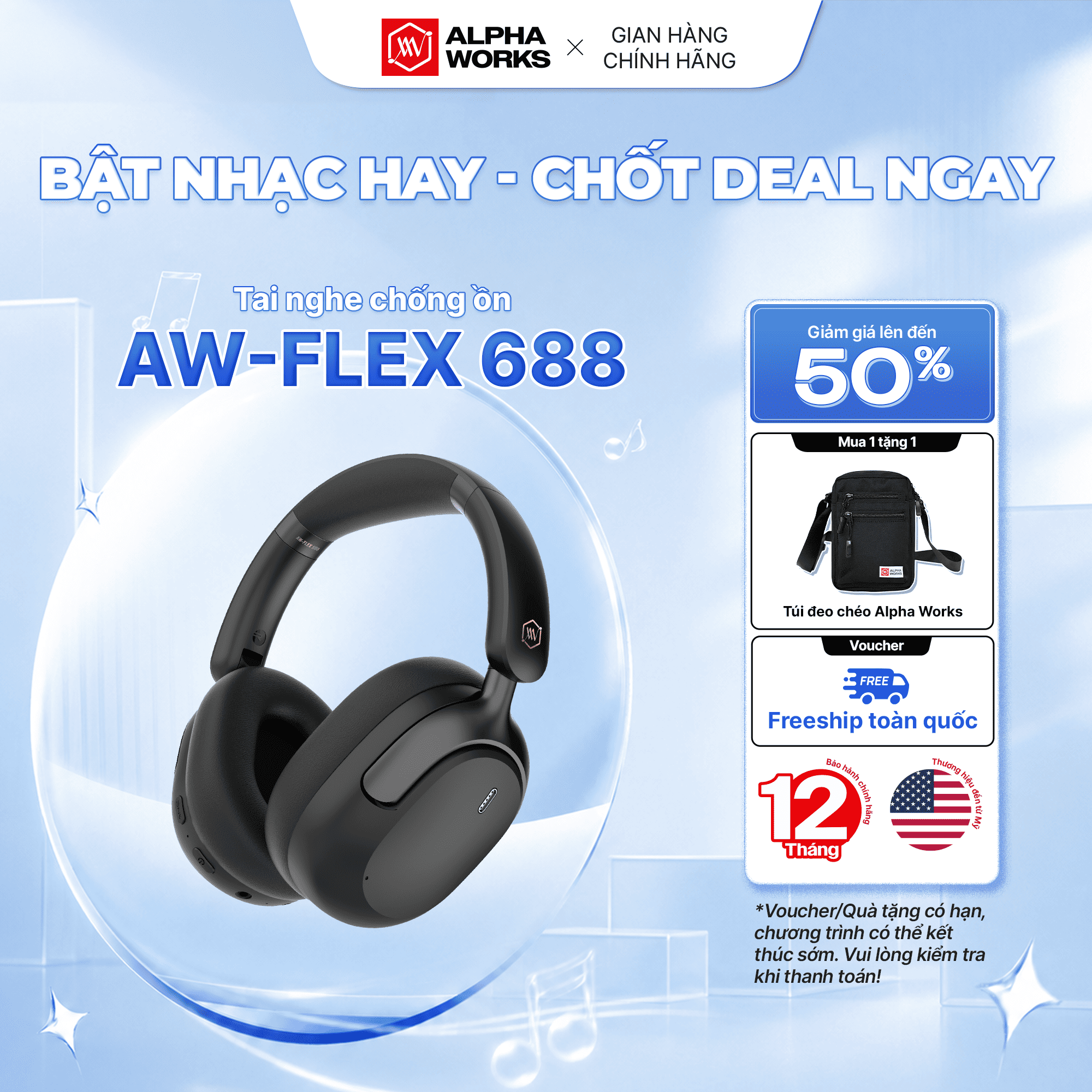 Tai Nghe Không Dây Chống Ồn Alpha Works FLEX 688 - Hàng Chính Hãng