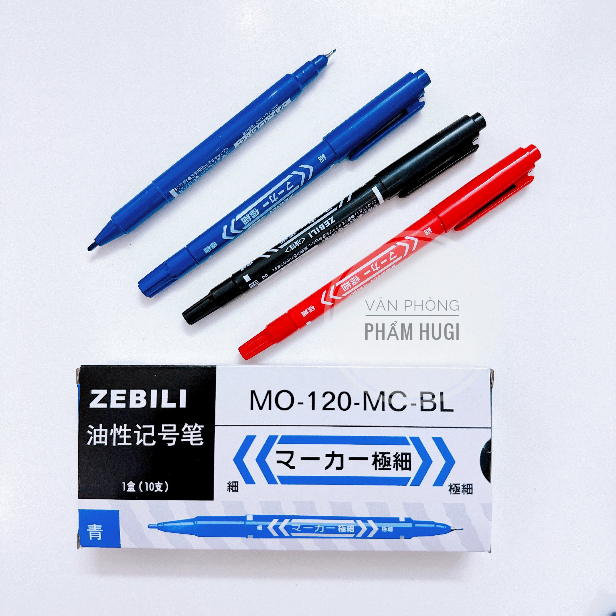 Hộp 10 Cây Bút Lông Dầu Kim 2 Đầu ZEBILI MO.120 (Xanh/Đỏ/Đen)