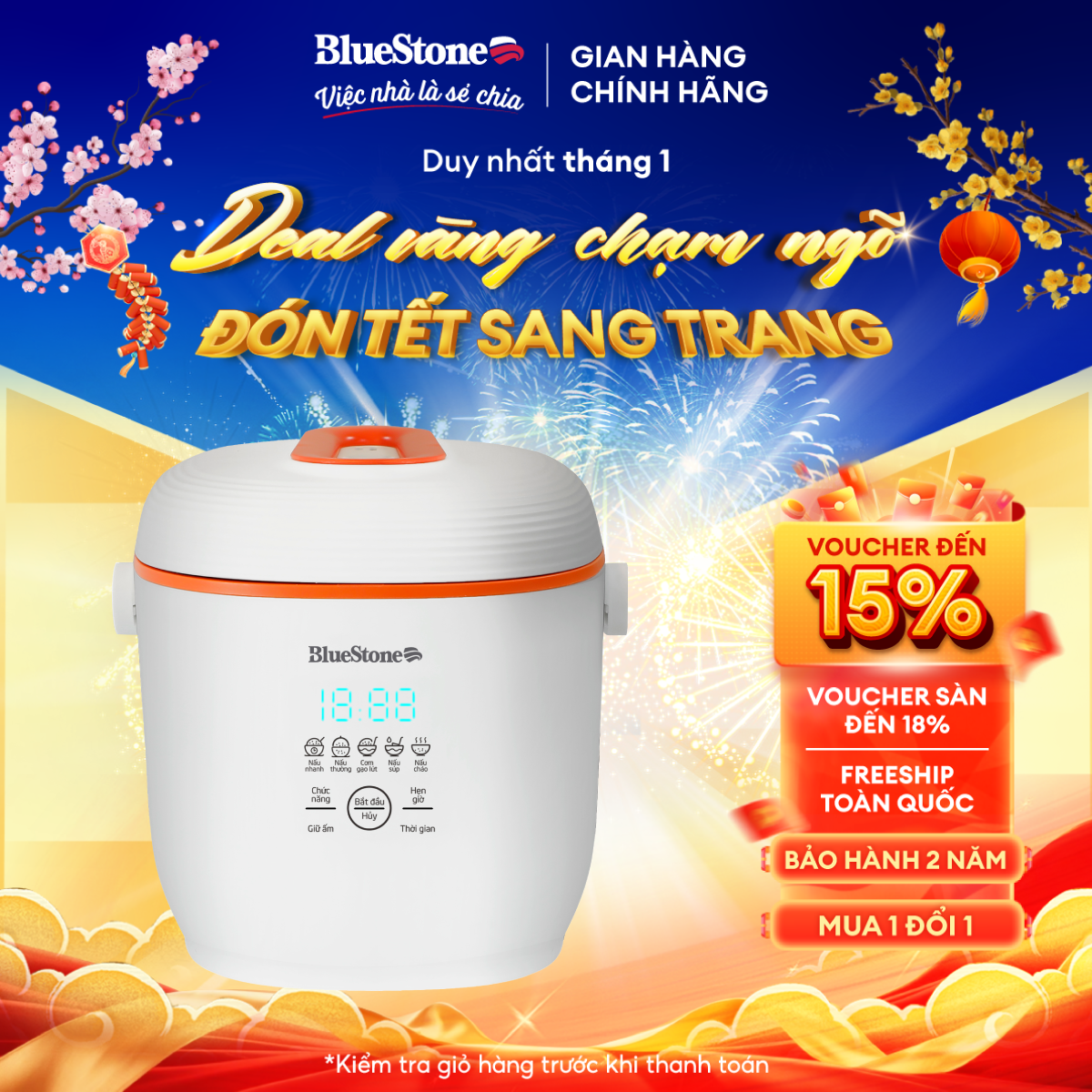 Nồi Cơm Điện Tử BlueStone RCB-5928 - 0.6 Lít - 350W - Điều Khiển Cảm Ứng - Hẹn Giờ - Giữ Ấm - Lòng Nồi 1.5mm - Bảo Hành 2 Năm - Hàng Chính Hãng
