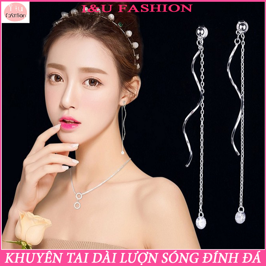 Khuyên tai dài bông tài dài lượn sóng đính đá siêu xinh phong cách thanh lịch cho các bạn nữ - Có 2 màu Bạc , Vàng KT-66