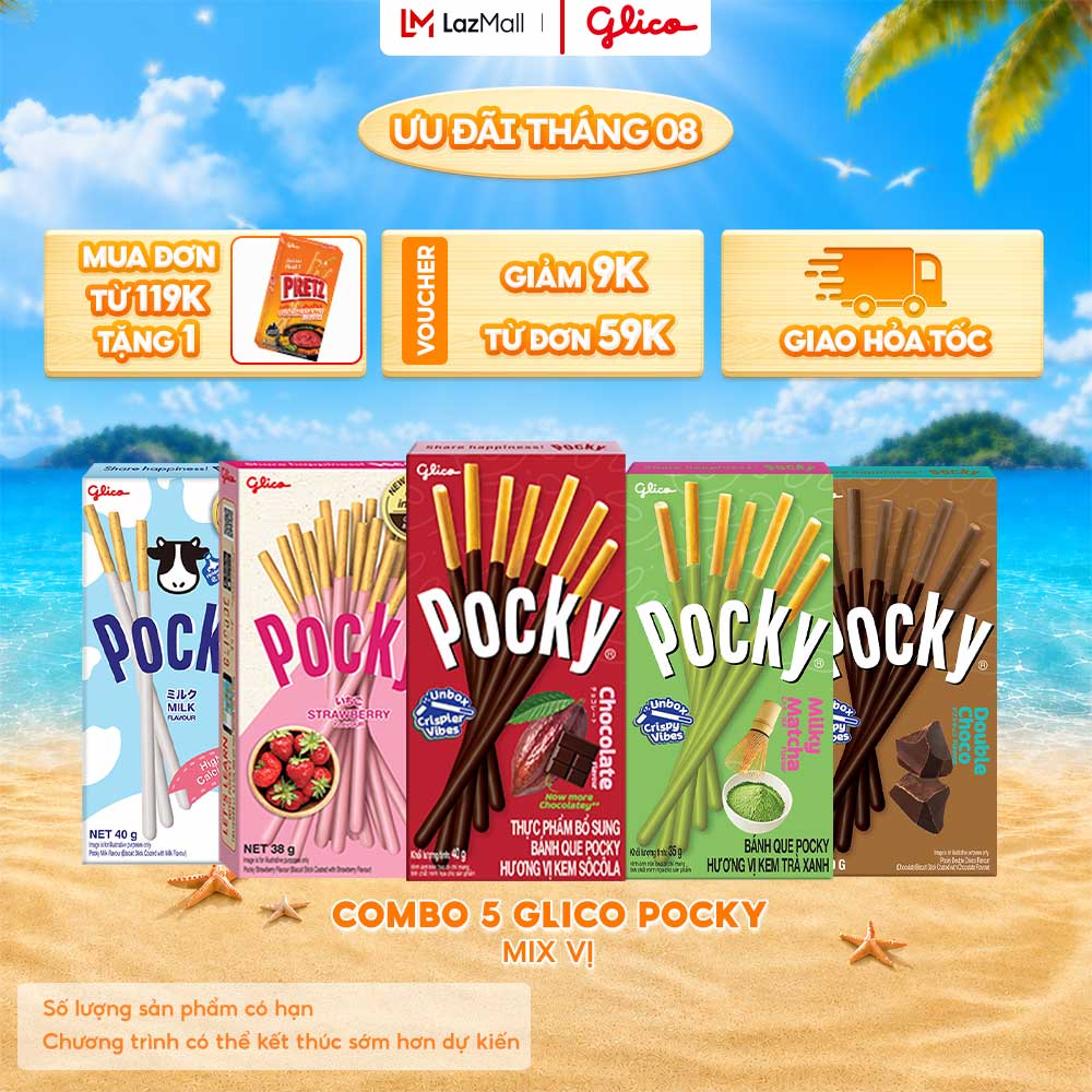 Combo 5 Hộp Mix Vị Bánh Que Phủ Kem Glico Pocky (00646 - 1 Socola _1 Dâu_1 Sữa _1 Trà Xanh_1 Double Choco)