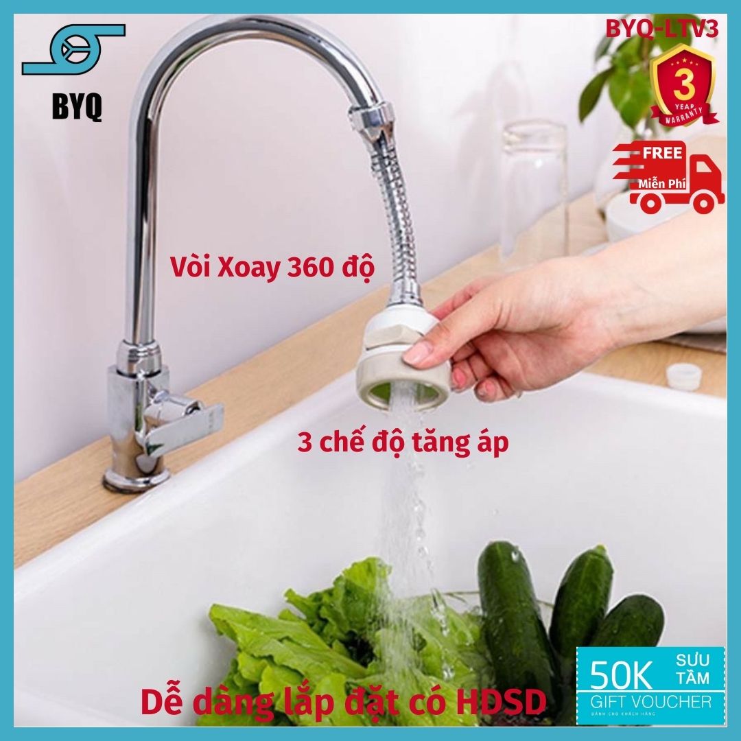 Vòi tăng áp bồn rửa chén xoay 360 độ BYQ-LTV2, Đầu vòi rửa bát , 3 chế độ tiết kiệm nước và tăng áp suất nước , có dây nối kéo dài tiện dụng , Lọc tại vòi , lọc nước nhà bếp Giao Hàng Đảm Bảo