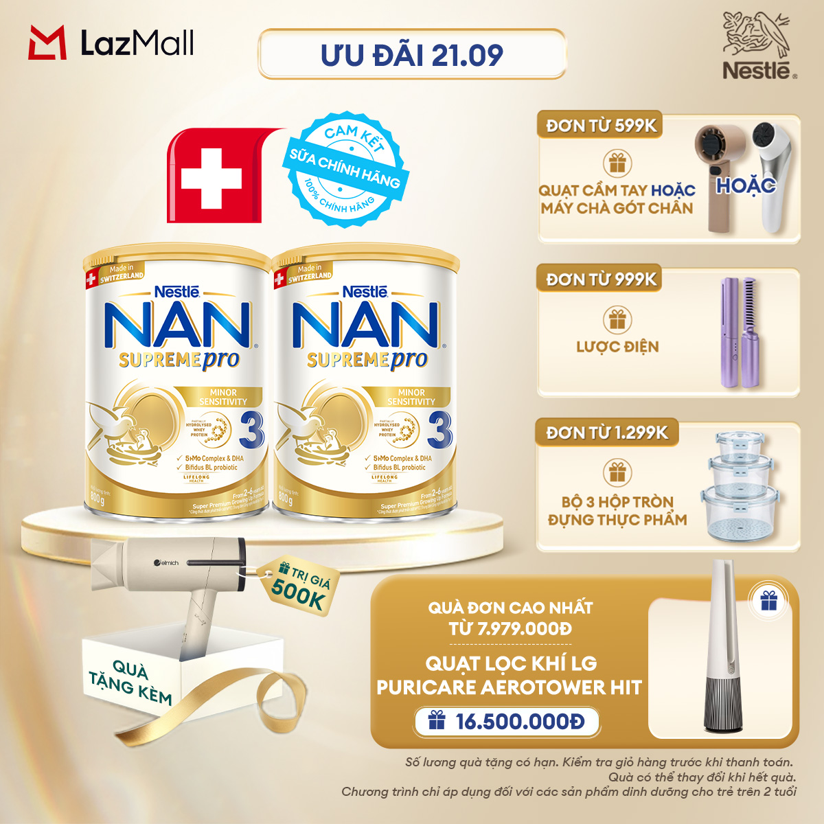 [CHỈ 21.09 QT ĐƠN 599K/999K/1299K] [Tặng máy sấy tóc (giao ngẫu nhiên)] Combo 2 lon Sữa Bột Nestlé NAN SUPREMEPRO 3 800g Nhập Khẩu Đức Cho Bé 2 - 6 Tuổi Chứa Đạm Whey Thủy Phân 1 Phần, 5-HMOs    Lợi khuẩn BIFIDUS BL