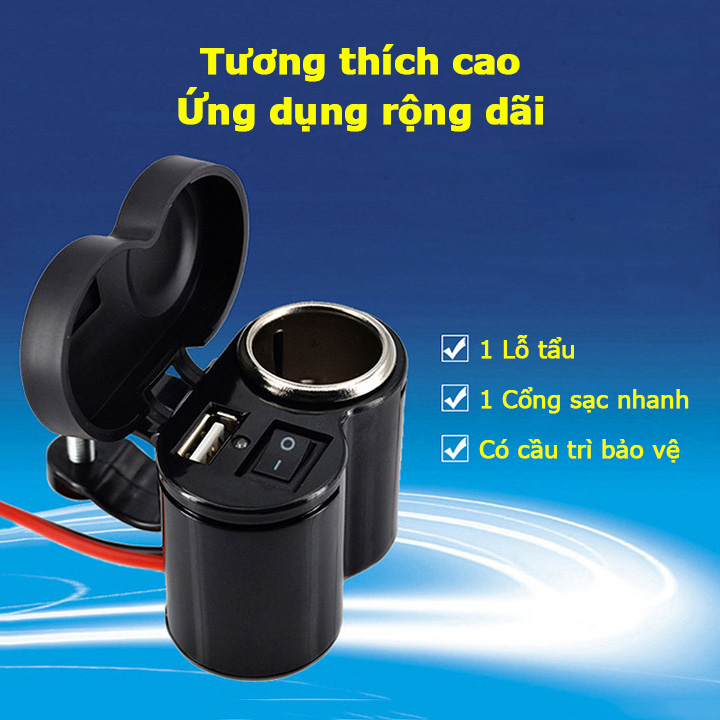Bộ sạc điện thoại CD3016 gắn trên xe máy bình ác quy cổng sạc nhanh có lỗ tẩu chống nước