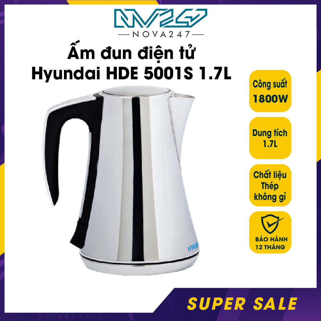 Ấm siêu tốc hyundai hde 5001s ấm đun điện tử dung tích 1.7l - công suất 1800w -bảo hành chính hãng 12 tháng