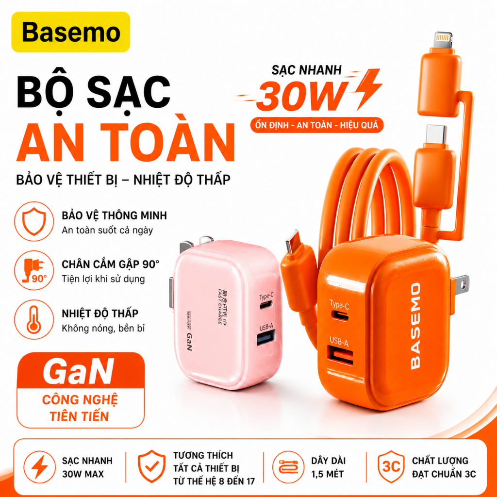 Bộ Sạc Nhanh GaN 30W Basemo Củ Sạc 2 Cổng USB & Type C Kèm Cáp PD Cao Cấp 2 IN 1.TƯƠNG THÍCH NHIÊU DÒNG ĐIỆN THOẠI