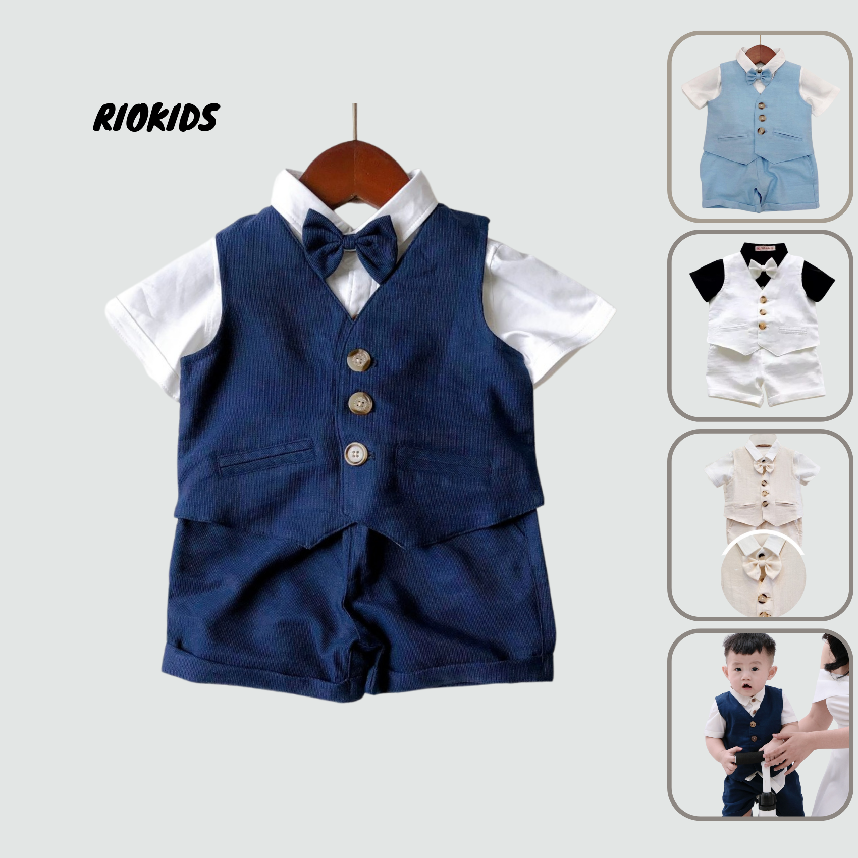 BT2 Bộ vest gile cho bé trai RIOKIDS, quần áo đầy tháng, thôi nôi cho bé sơ sinh kiểu dáng công tử