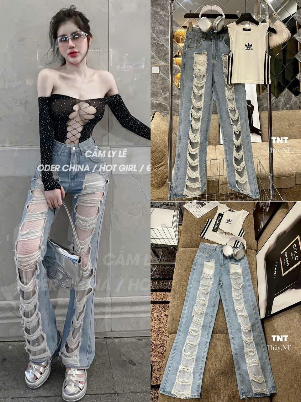 Quần baggy jean nữ rách tua rua lưng cao siêu chất , Quần Jean Nữ Cạp Cao Ống Rộng Rách Gối Phong Cá