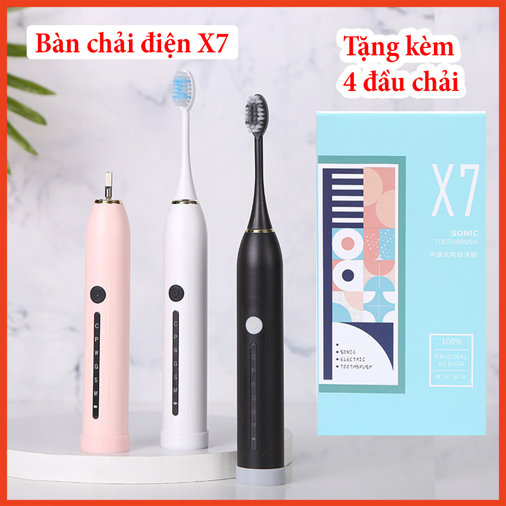 Bàn chải điện Sonic X7, tự động làm sạch răng 6 chế độ, tặng kèm 4 đầu chải