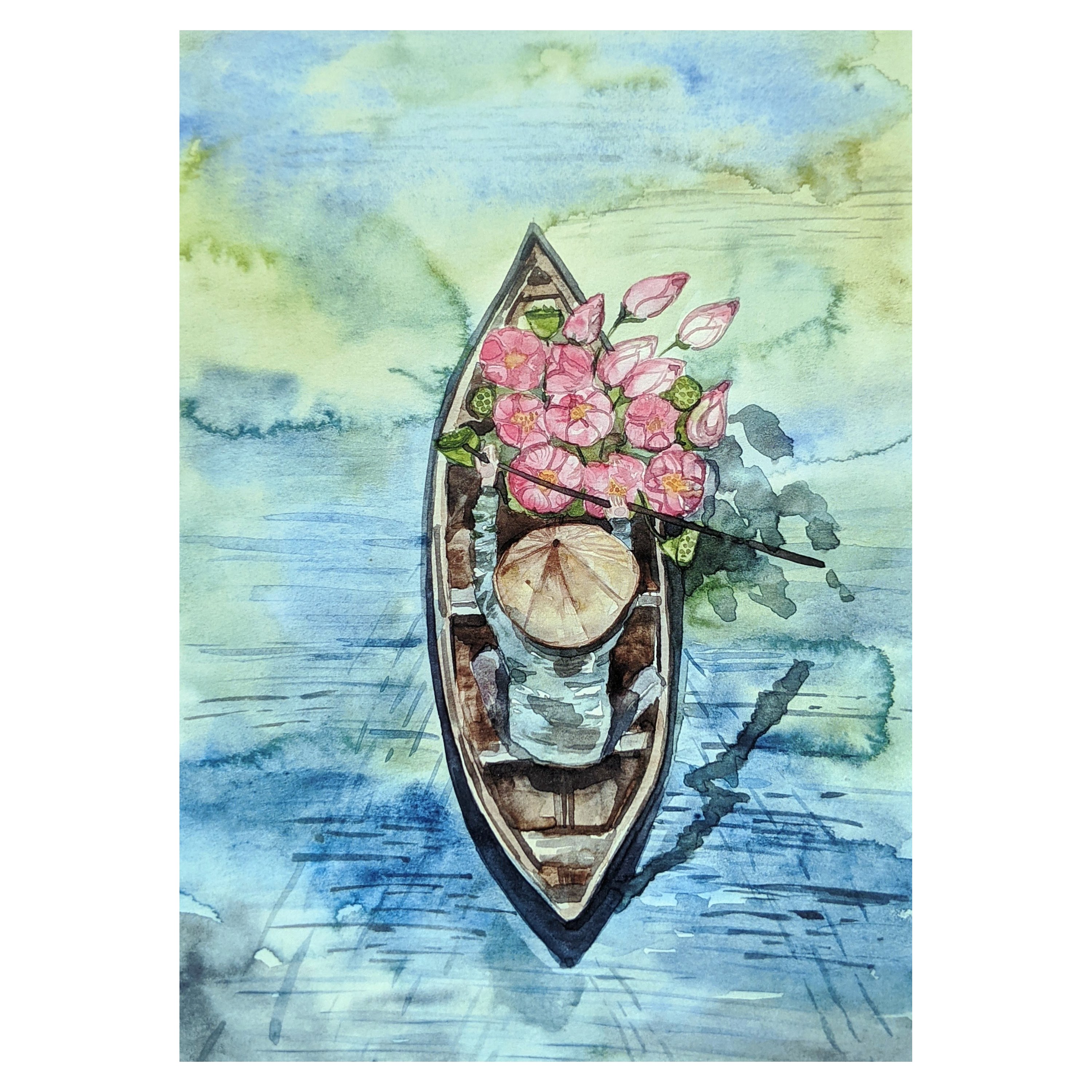 Áp phích A4. Người phụ nữ Việt Nam trong một chiếc thuyền thu thập hoa sen. Bức tranh gốc màu nước. Áp phích