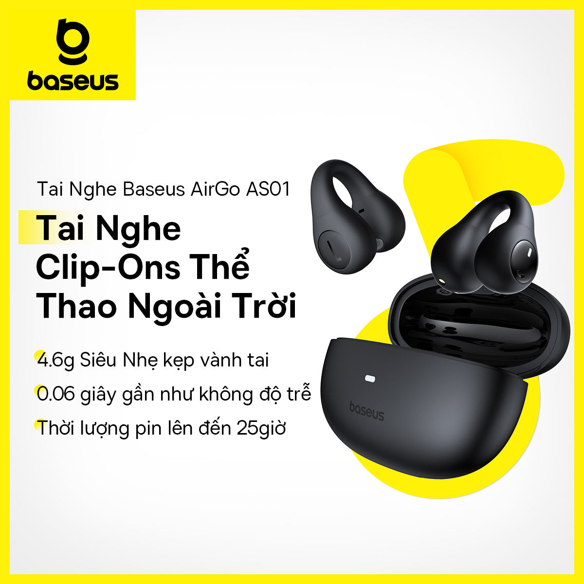 Tai Nghe Không Dây Baseus AirGo AS01 kẹp tai Bluetooth 5.3 2Mic ENC HD Tai Nghe giảm tiếng ồn cuộc gọi thể thao