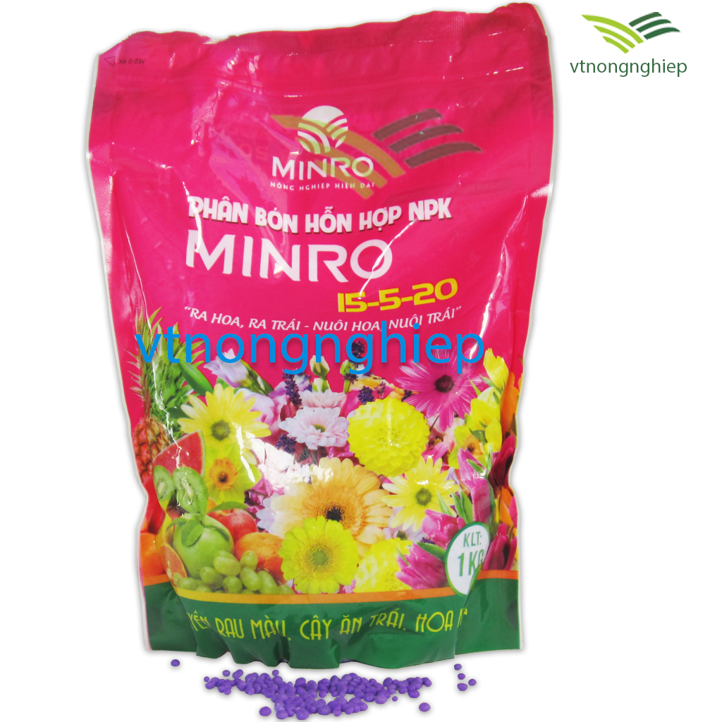 Phân bón Minro npk 15-5-20 gói 1(kg), phát triển thân, lá, cành, bộ rễ, chuyên cho rau màu, cây ăn trái, hoa kiểng