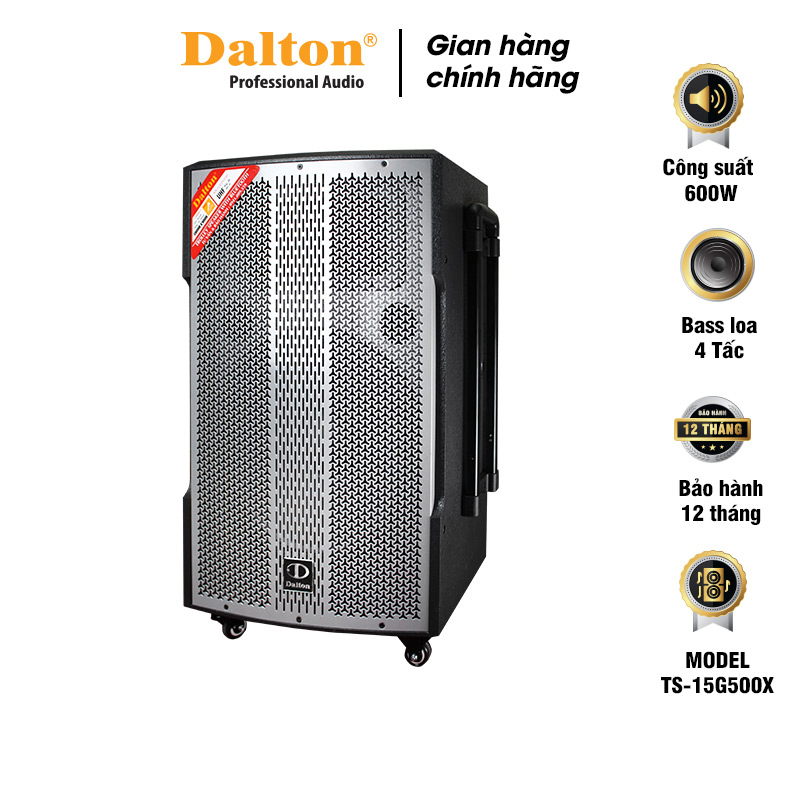 Loa kéo karaoke di động, loa karaoke chính hãng Dalton TS-15G500X Công suất 600W, Bass loa15 inches ( 4 tấc ), kết nối không dây, tặng kèm 2 micro không dây UHF Bảo hành 12 tháng.