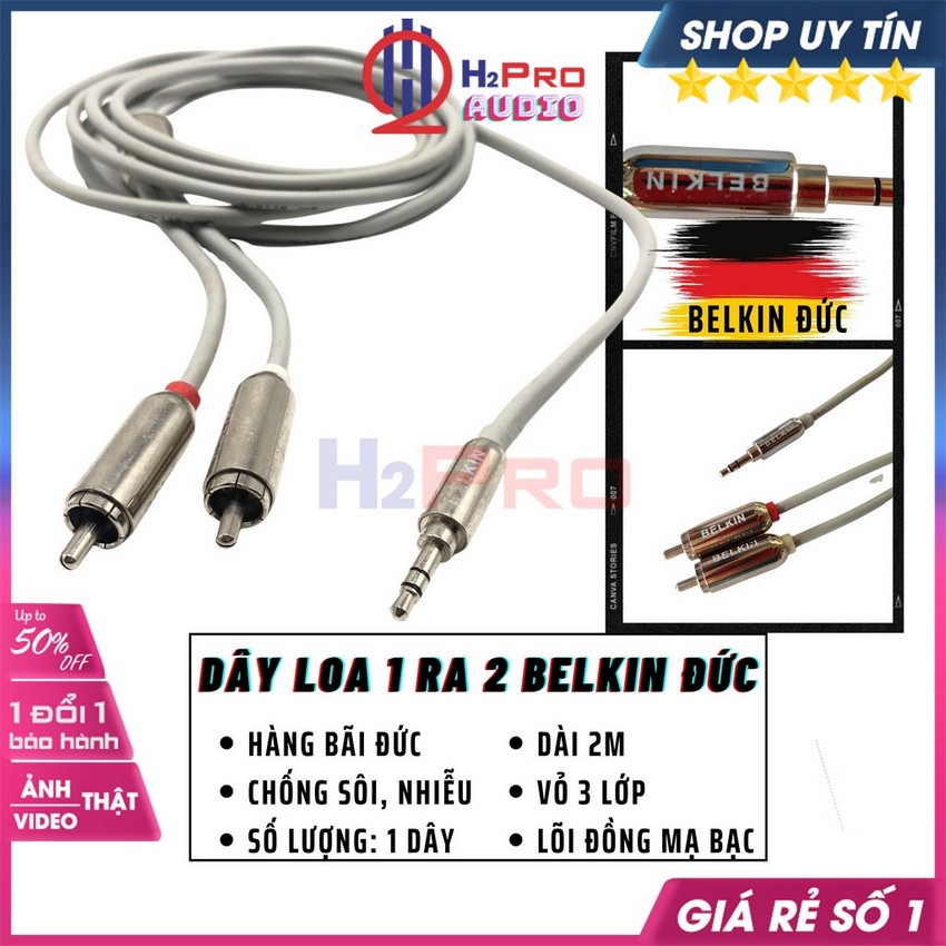 Dây Chuyển Audio 3.5 Ra 2 Av Hoa Sen Belkin Đức, Dây Loa 1 Ra 2 Dây 1 Đầu 3.5 Ra 2 Đầu Av Cao Cấp, Dài 2M-H2Pro Audio